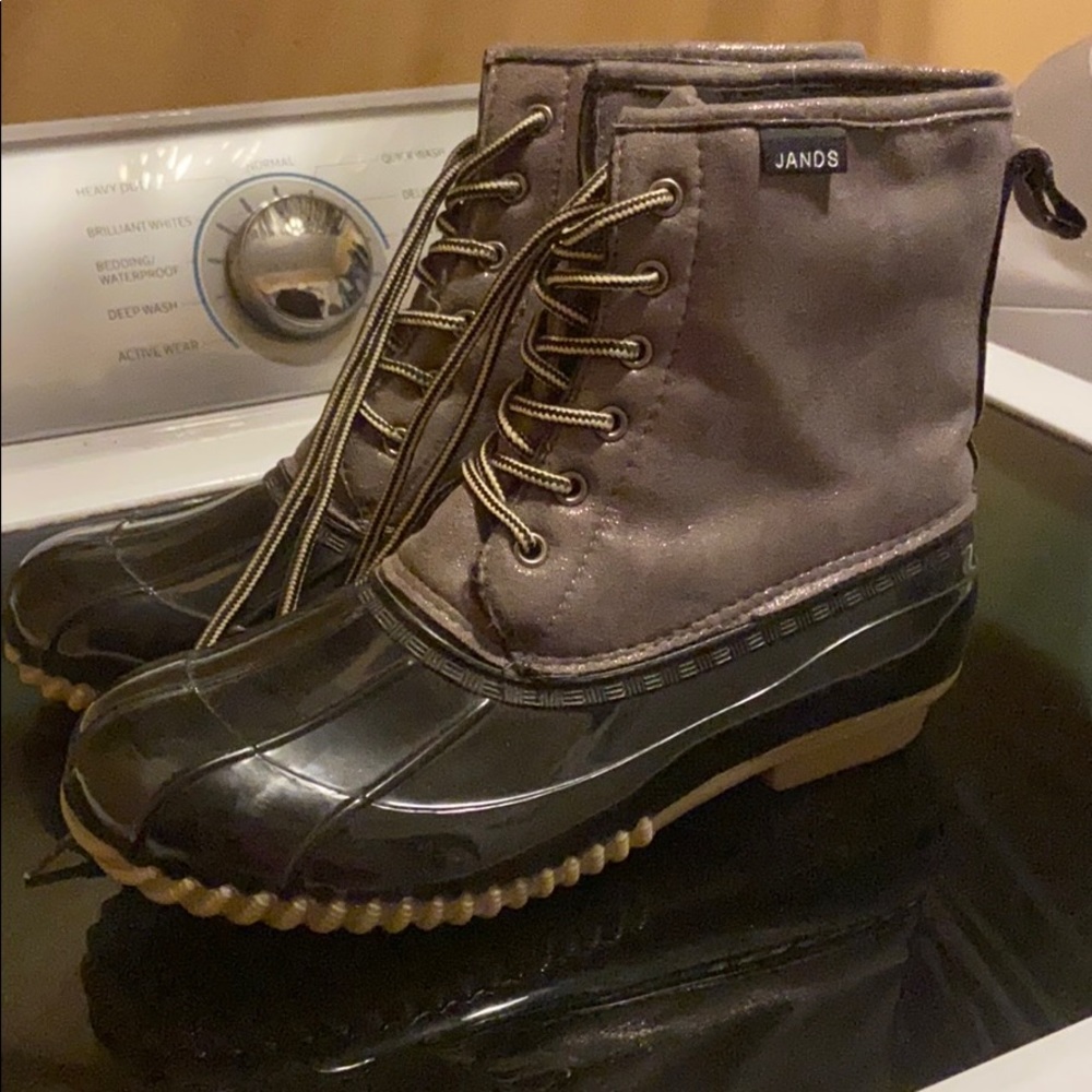 Grey and black duck boots